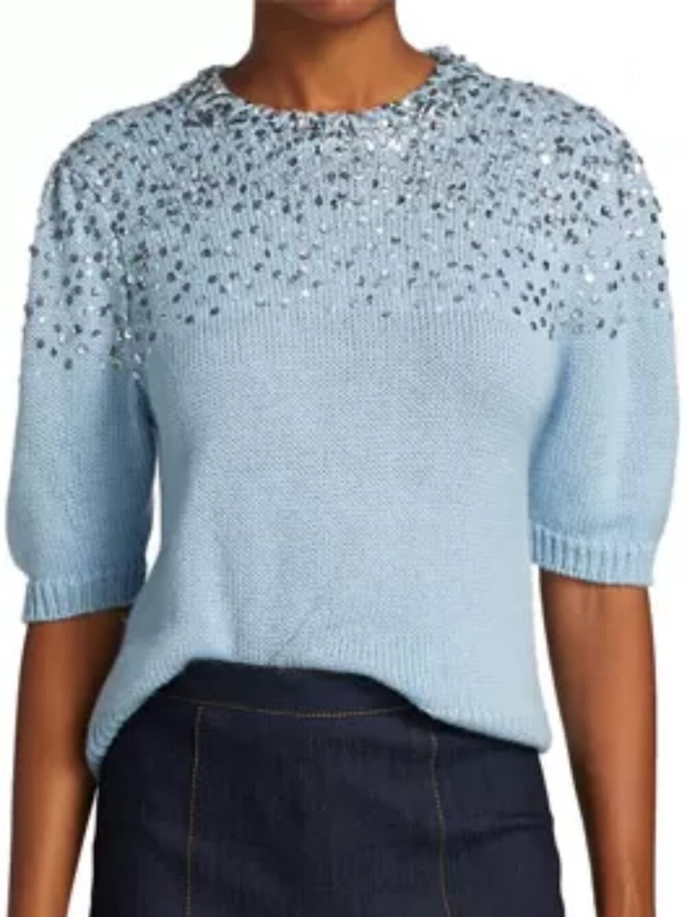 Cinq á Sept LISA Sequin Puff Short Sleeve Wool-Blend Sweater, SMALL, Cloudy Day
